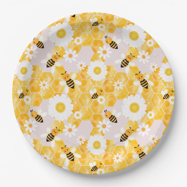 Cute Bumble Bee Yellow Honey Comb Baby Shower Paper Plate (Front)