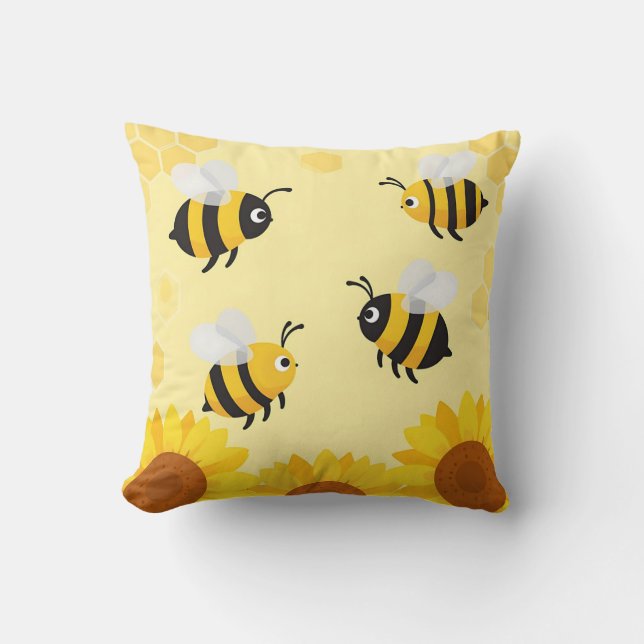 Cute Bumble Bees Sunflowers Honeycomb Pattern Cushion (Front)