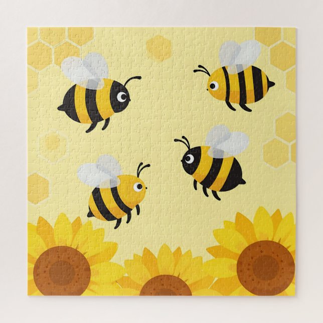 Cute Bumble Bees Sunflowers Honeycomb Pattern Jigsaw Puzzle (Vertical)