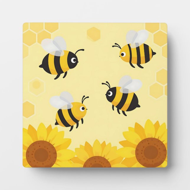 Cute Bumble Bees Sunflowers Honeycomb Pattern Plaque (Front)