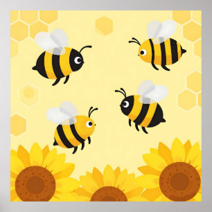 Cute Bumble Bees Sunflowers Honeycomb Pattern Poster