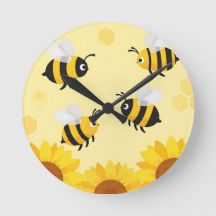 Cute Bumble Bees Sunflowers Honeycomb Pattern Round Clock