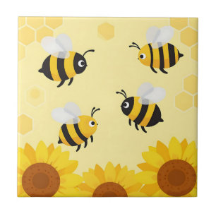 Cute Bumble Bees Sunflowers Honeycomb Pattern Tile