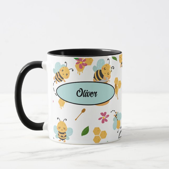 Cute Bumblebee and honey pattern with name  Mug (Left)