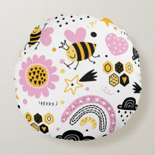 Cute Bumblebee and Rainbow Nursery Round Cushion