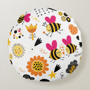 Cute Bumblebee and Rainbow Nursery Round Cushion