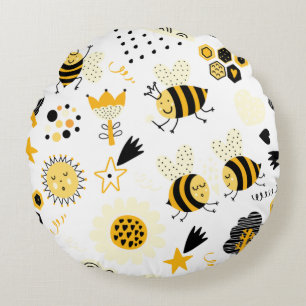 Cute Bumblebee and Rainbow Nursery Round Cushion