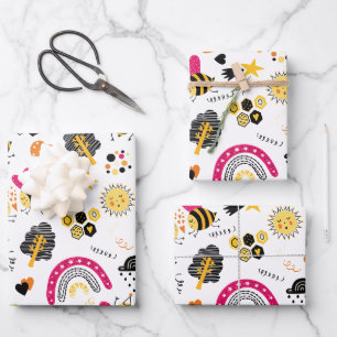 Cute Bumblebee and Rainbow Nursery Wrapping Paper Sheet