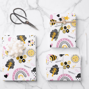 Cute Bumblebee and Rainbow Nursery Wrapping Paper Sheet