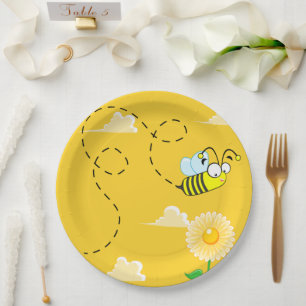 Cute Bumblebee Honey Bee Flying Sunflowers Garden Paper Plate