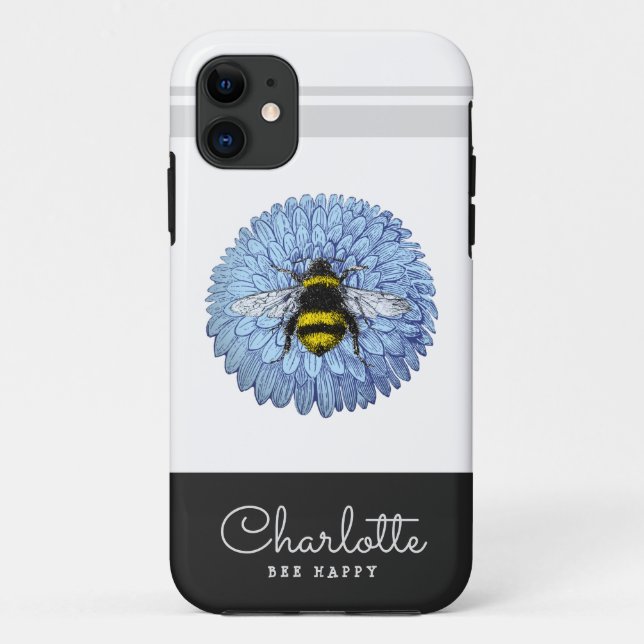 Cute Bumblebee on Blue Flower Add Your Name Case-Mate iPhone Case (Back)