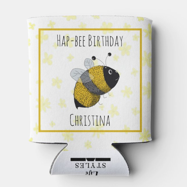 Cute Bumblebee Yellow and Black | HapBee Birthday Can Cooler (Back)