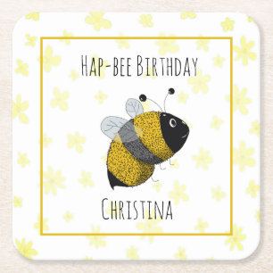 Cute Bumblebee Yellow and Black HapBee Birthday Square Paper Coaster