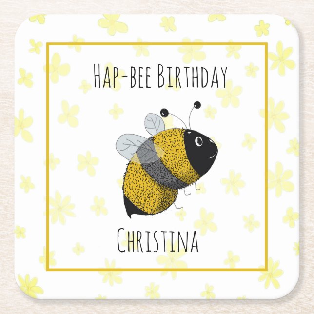 Cute Bumblebee Yellow and Black | HapBee Birthday Square Paper Coaster (Front)
