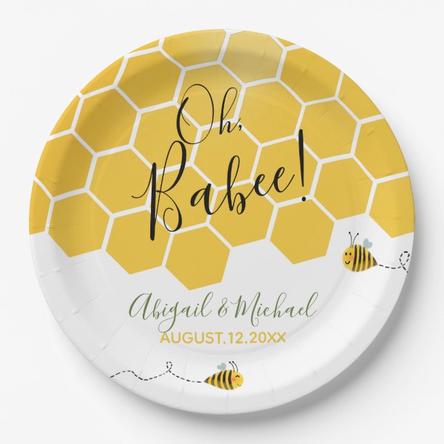 Cute Bumblebees Theme Watercolor Bee Baby Shower Paper Plate (Front)