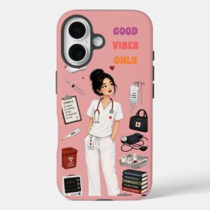 Cute Bun Brunette Nurse Good Vibes Only Pink Phone iPhone 16 Case