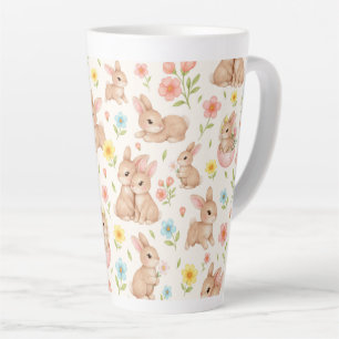 Cute Bunnies and Flowers Pattern Latte Mug