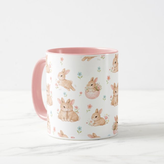 Cute Bunnies and Flowers Pattern Mug (Front Left)