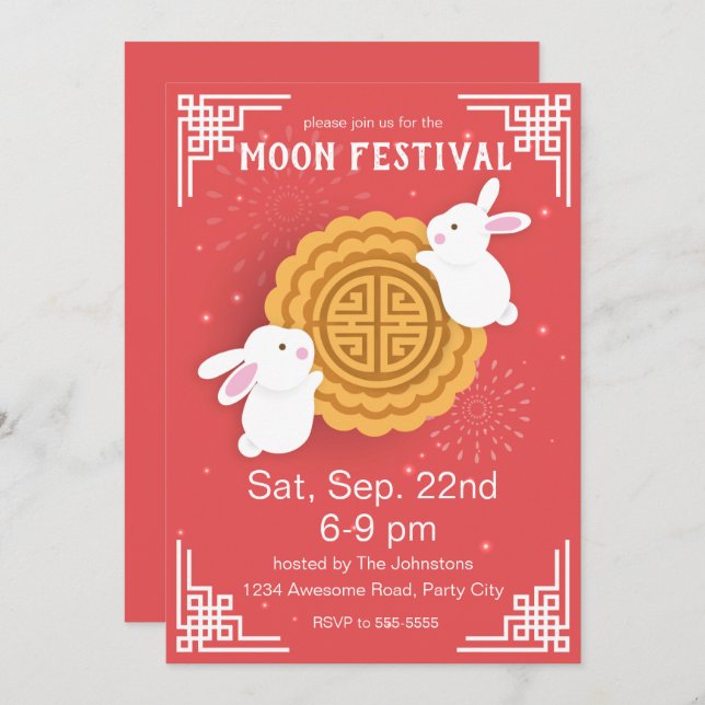 Cute Bunnies and Mooncake Mid-Autumn Festival Invitation (Front/Back)