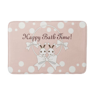Cute Bunnies and Ribbons Cartoon Pastel Pink Kids Bath Mat