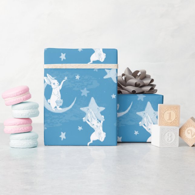 Cute Bunnies and Stars On Blue Wrapping Paper (Baby Shower)