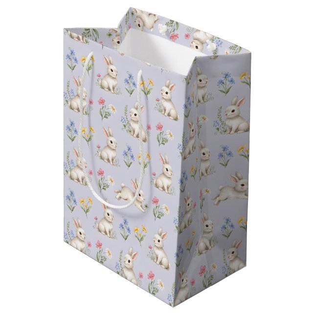 Cute Bunnies and Wildflowers Pattern Medium Gift Bag (Back Angled)