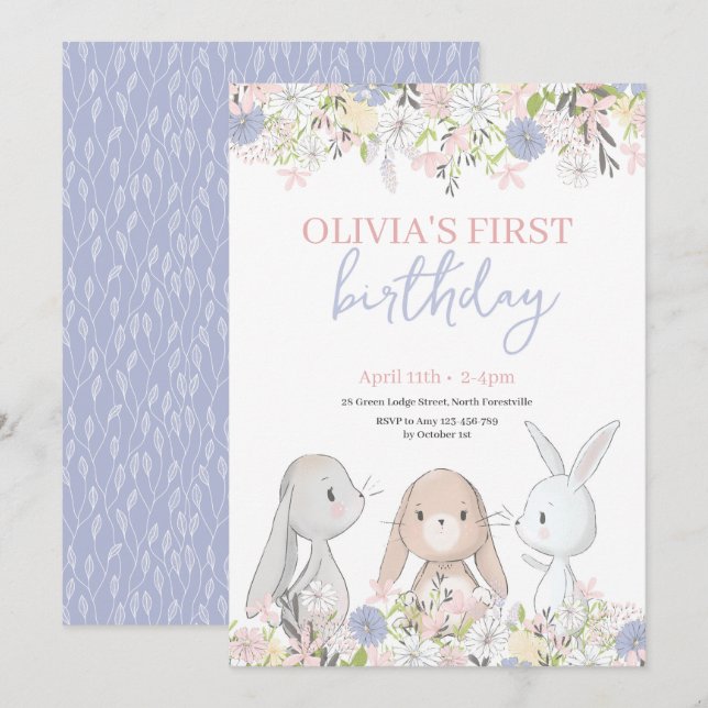 Cute Bunnies Birthday Invitation (Front/Back)