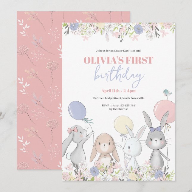 Cute Bunnies Birthday Invitation (Front/Back)