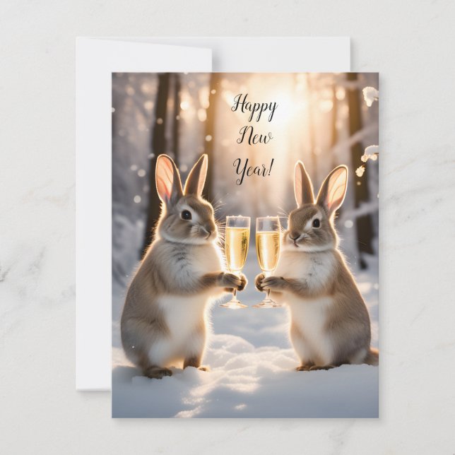 Cute Bunnies Celebrate the New Year With Champagne Card (Front)