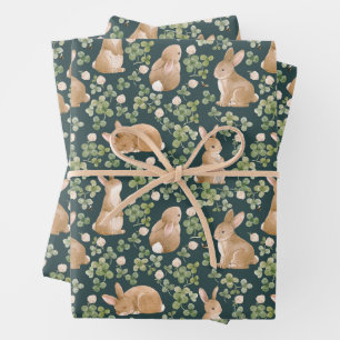 Cute Bunnies, Clove Flowers and Leaves  Wrapping Paper Sheet