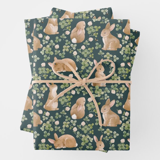Cute Bunnies, Clove Flowers and Leaves  Wrapping Paper Sheet (In situ)