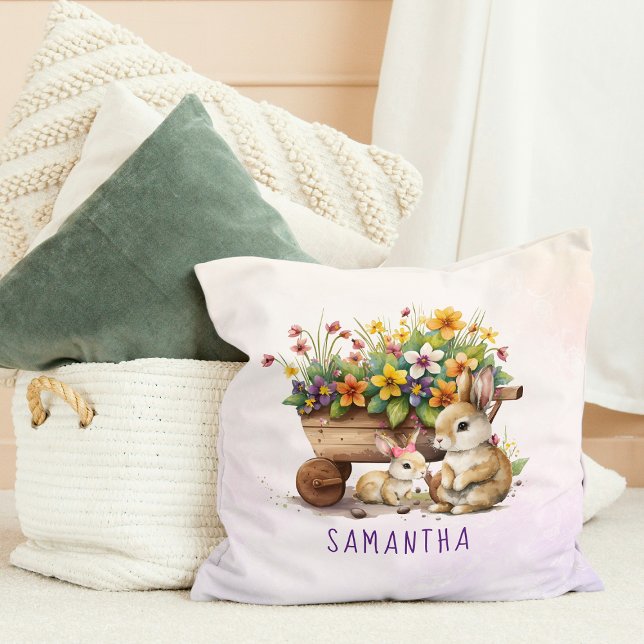 Cute Bunnies Custom Name Girl Easter Cushion (Cute Bunnies Custom Name Girl Easter Throw Pillow)