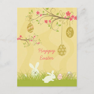 Cute bunnies & egg tree easter postcard