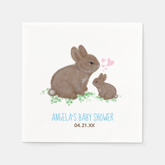 Cute Bunnies Hearts Custom Boy Baby Shower Napkin (Front)