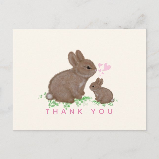 Cute Bunnies Hearts Girl Baby Shower Thank You Postcard (Front)