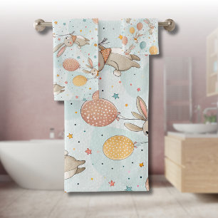 Cute Bunnies Holding Pastel Egg Balloons Bath Towel Set