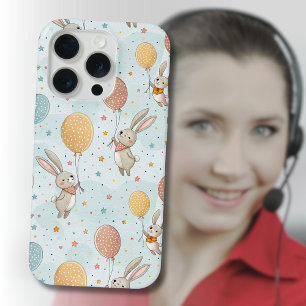 Cute Bunnies Holding Pastel Egg Balloons iPhone 15 Pro Case