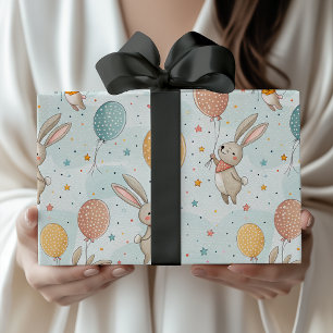 Cute Bunnies Holding Pastel Egg Balloons Wrapping Paper
