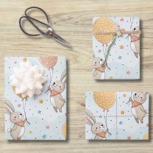 Cute Bunnies Holding Pastel Egg Balloons Wrapping Paper Sheet