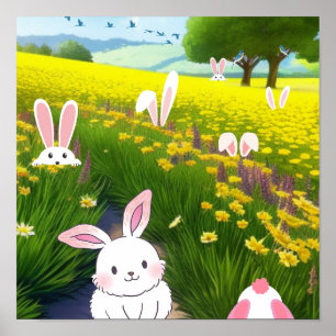 Cute Bunnies in a Field  Poster