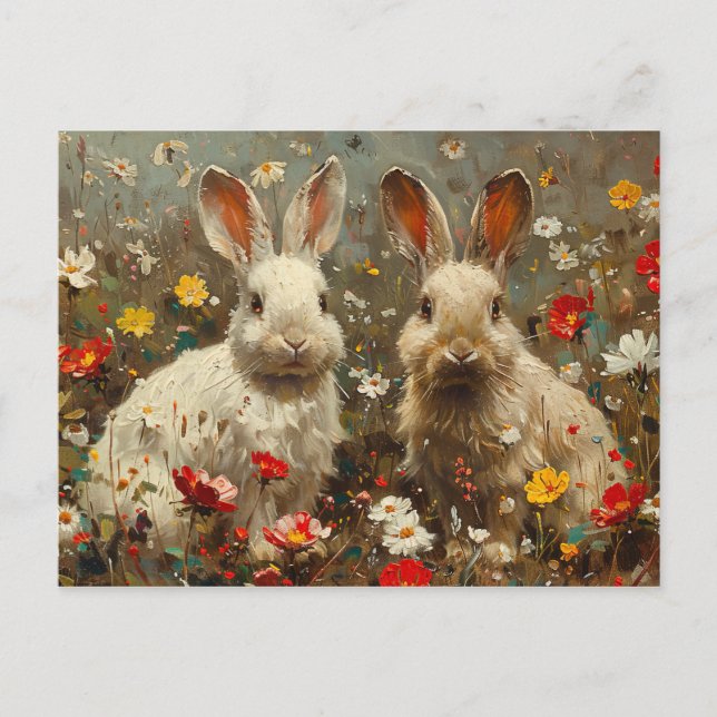 Cute bunnies in Wildflower field painting Postcard (Front)