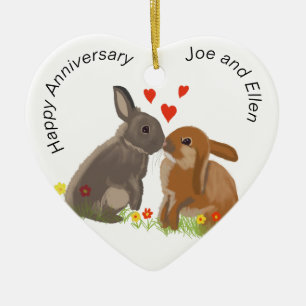 Cute Bunnies Kissing Anniversary Heart Ceramic Tree Decoration
