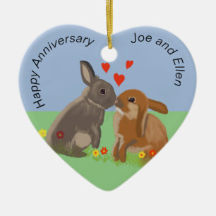 Cute Bunnies Kissing Anniversary Heart Ceramic Tree Decoration