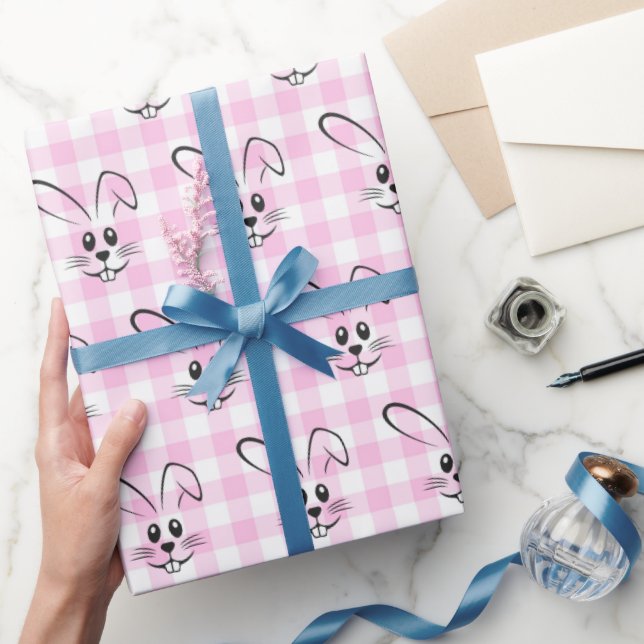 Cute Bunnies On Pink Gingham Wrapping Paper (Gifting)