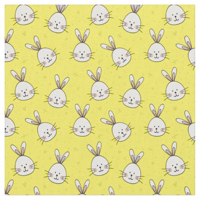 Cute Bunnies Pattern on Yellow Unisex Child Fabric (Close Up)