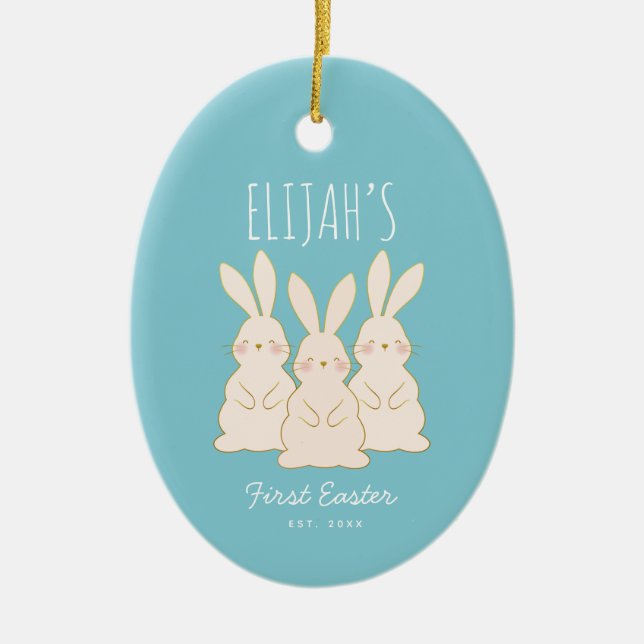 Cute Bunnies Personalised Easter  Ceramic Tree Decoration (Front)