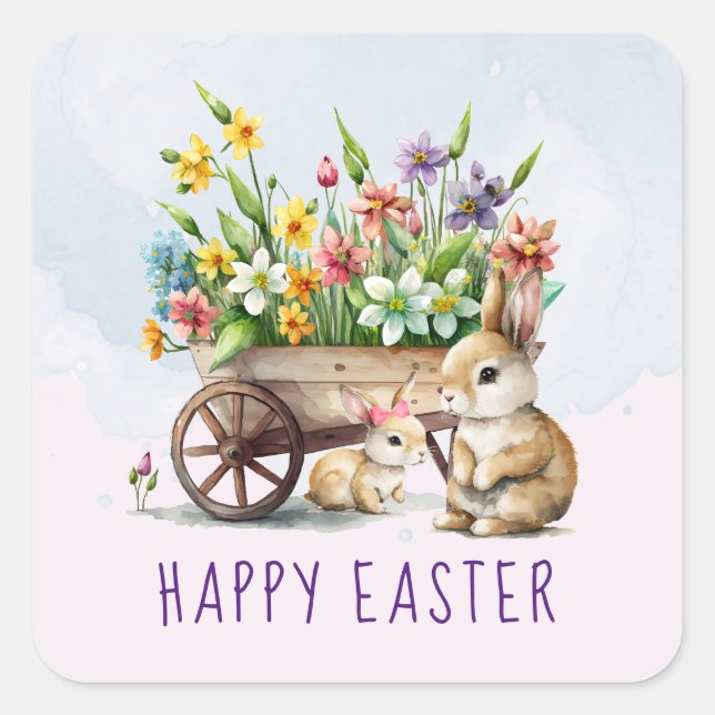 Cute Bunnies Personalised Easter Square Sticker (Front)