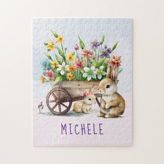 Cute Bunnies Personalized Girl Easter Jigsaw Puzzle (Vertical)