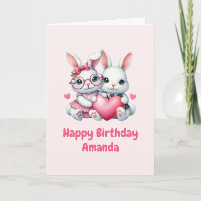 Cute Bunnies Sharing a Heart Birthday Card (Front)