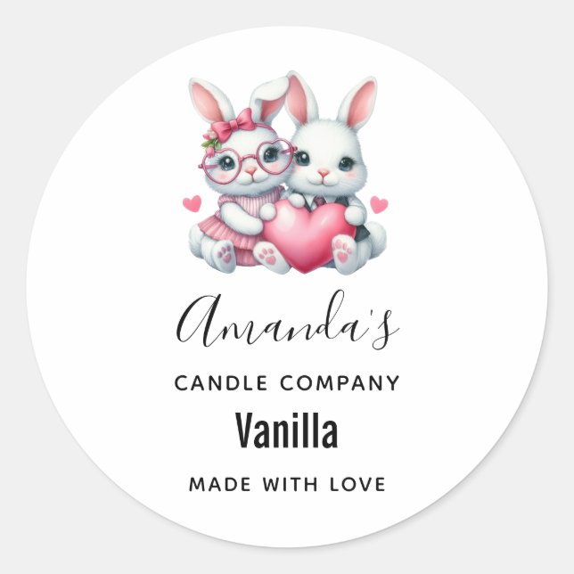 Cute Bunnies Sharing a Heart Candle Business Classic Round Sticker (Front)